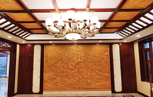 徐州中式别墅客厅中式木作横梁吊顶装饰展示