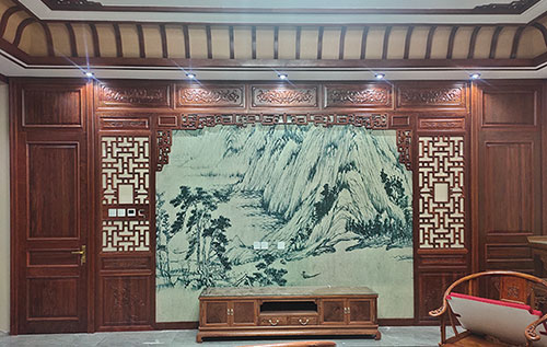 徐州中式仿古别墅客厅背景墙花格木作装饰